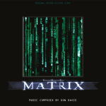 Poster for The Matrix with cascading green code in a frame on a black background and the title MATRIX beneath; credits Don Davis as composer.