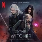 Poster for The Witcher featuring Geralt, Ciri, and Yennefer against a fiery, stormy backdrop with a drawn sword in the foreground.