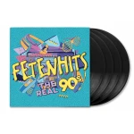 Colorful 1990s-themed vinyl album cover with a boombox, retro sunglasses, cassette, and gadgets; bold yellow text hints at 'THE REAL 90s'.