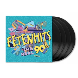 Colorful 1990s-themed vinyl album cover with a boombox, retro sunglasses, cassette, and gadgets; bold yellow text hints at 'THE REAL 90s'.