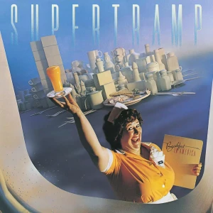 Vintage-style poster of a cheerful waitress lifting a tray with orange juice, set against a blue cityscape and ‘Breakfast in America’ text.
