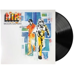 Album cover for Air's Moon Safari with a colorful illustration of two astronauts against a blue-green abstract background.