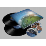 Vinyl record set with a blue Planet Earth II soundtrack sleeve and several discs showing animal imagery, arranged on a gray background.