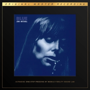 Blue by Joni Mitchell album cover: blue-tinted close-up of a woman's face with a cigarette, featuring the title BLUE and JONI MITCHELL in the top left.
