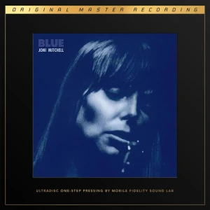 Blue by Joni Mitchell album cover: blue-tinted close-up of a woman's face with a cigarette, featuring the title BLUE and JONI MITCHELL in the top left.