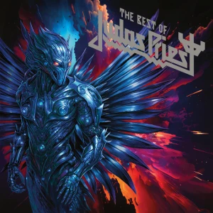 Blue metallic winged warrior in a fiery cosmic background; album title 'The Best of Judas Priest' at the top right.