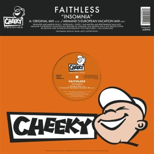 Orange Faithless 'Insomnia' album cover with a grinning cartoon mascot, bold Cheeky logo, and a central vinyl label