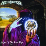 Album cover: a hooded purple-robed figure holds a glowing orb filled with keys, set in a stone archway with the Helloween logo above.