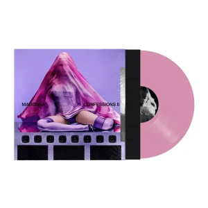 Madonna Confessions II album cover with a purple-p tinted image and a pink vinyl record beside it, showing the text 'MADONNA CONFESSIONS II'