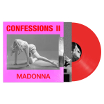 Album cover for Madonna's Confessions II: bright pink sleeve with a grayscale photo of a woman dancing and bold red text 'CONFESSIONS II' with 'MADONNA' at the bottom.