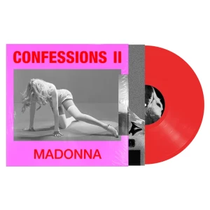 Album cover for Madonna's Confessions II: bright pink sleeve with a grayscale photo of a woman dancing and bold red text 'CONFESSIONS II' with 'MADONNA' at the bottom.