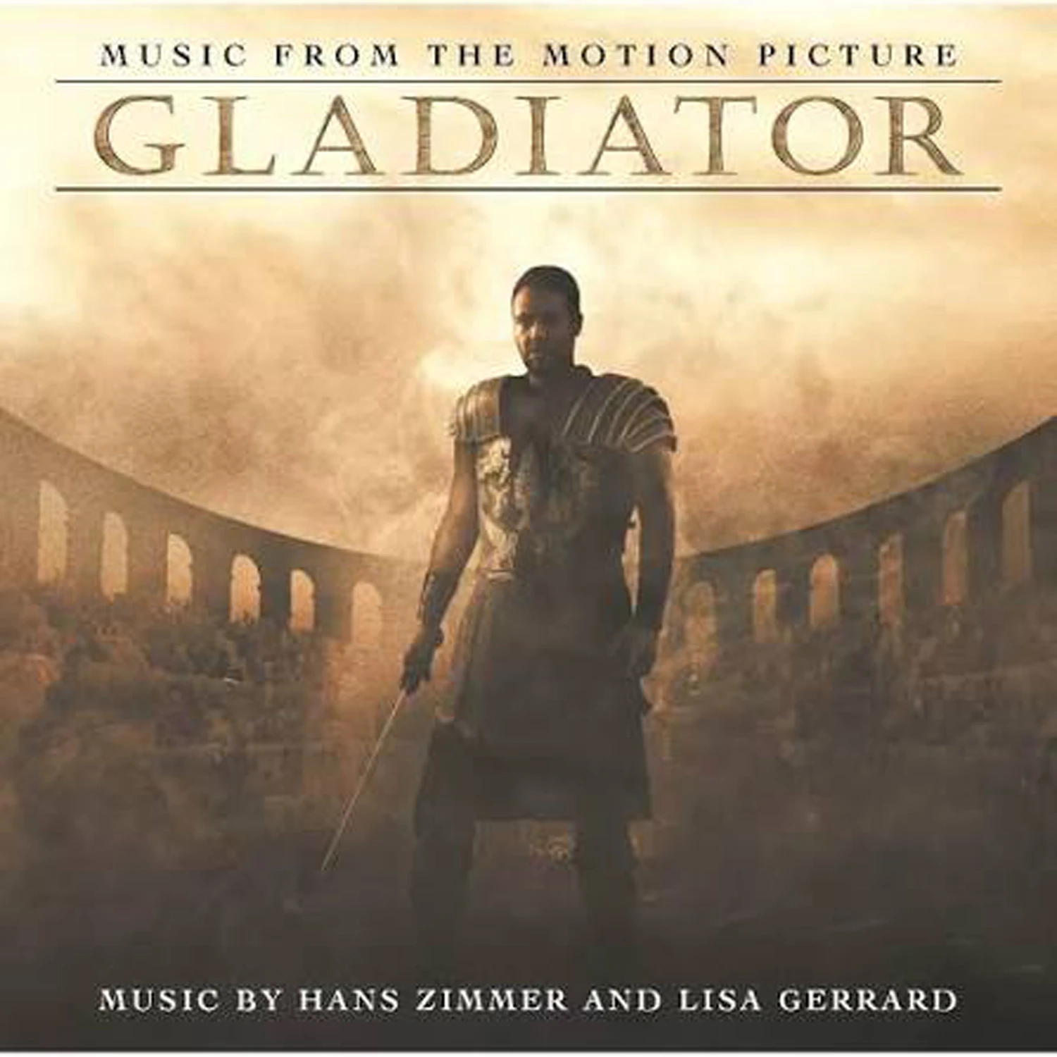 0199957311557 - ELPÉČKO.sk Gladiator movie poster: warrior in armor with a sword stands in a smoky arena, arches in the background; text at top reads 'Music from the Motion Picture Gladiator' and bottom credits musicians.