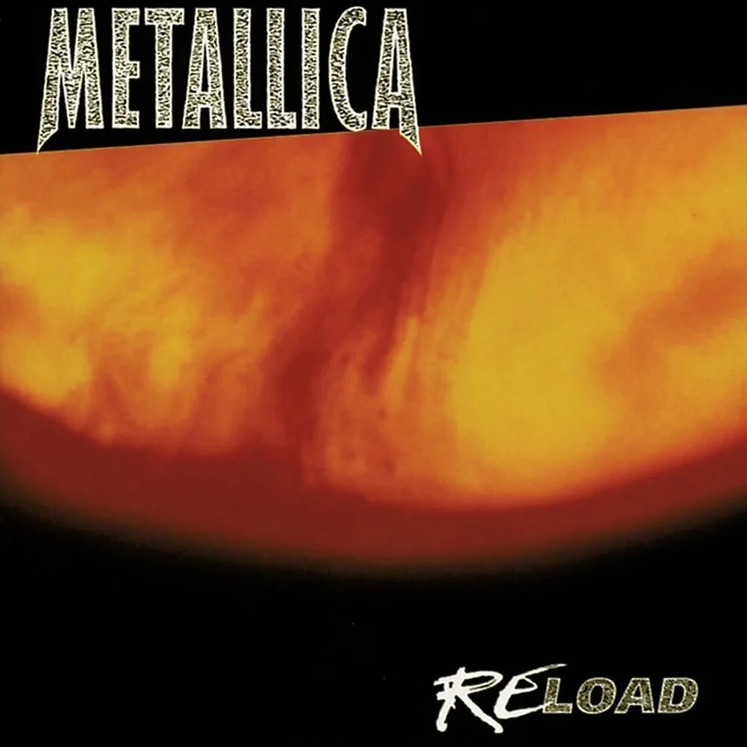 06034975239000 - ELPÉČKO.sk Metallica Reload album cover: bold METALLICA text across a dark background above a fiery orange–yellow surface.