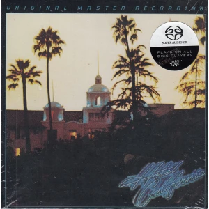 Hotel California album cover: sunset with palm trees and a building with domes; 'Original Master Recording' along the top.