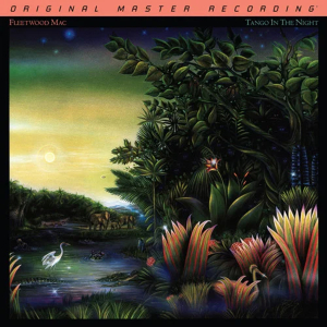 Album cover art: tropical jungle scene with sunset over a river, colorful foreground plants, and a white heron by the water