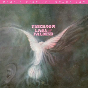Emerson, Lake & Palmer album cover: white dove against a muted green background with a bright pink header bar at the top.