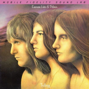 Album cover with three side-profile faces in a row against a purple sunset; shows Emerson, Lake & Palmer and title 'Trilogy'.