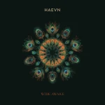Album cover featuring a vibrant, circular peacock feather mandala in teal and orange on a black background, with 'HAEVN' at the top and 'WIDE AWAKE' at the bottom.